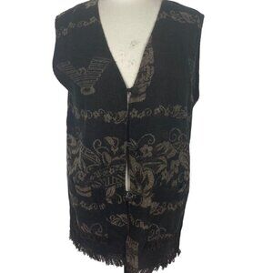 Vintage All Over Print Sweater Vest Womens Medium Brown Tan Southwestern Tiki